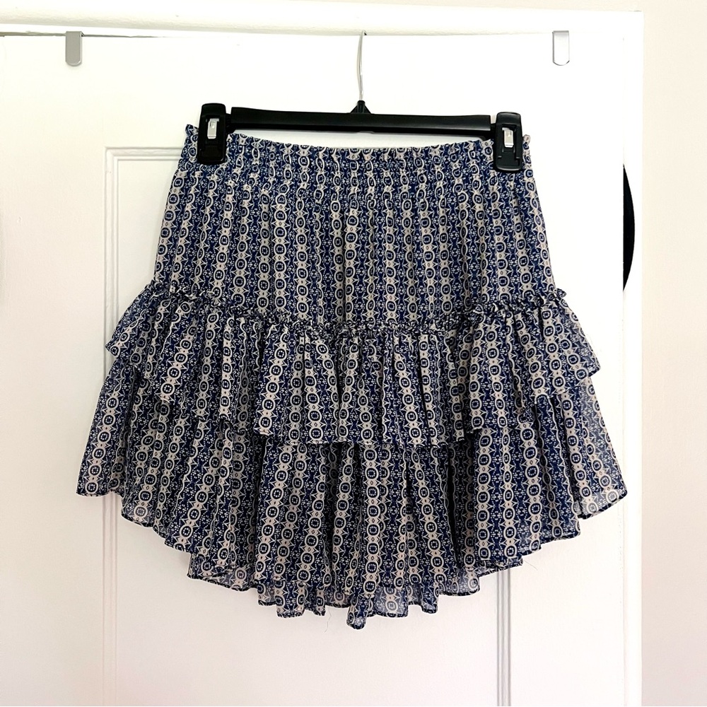 MISA Los Angeles Floral Flounce Mini Skirt, Blue and White, Size XS - Pre-Owned